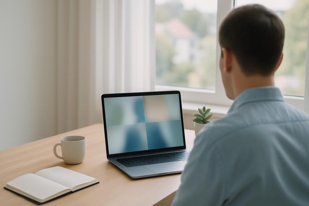 Heller Home-Office-Arbeitsplatz mit Laptop im Video-Call, Notizbuch und Pflanze vor einem Fenster