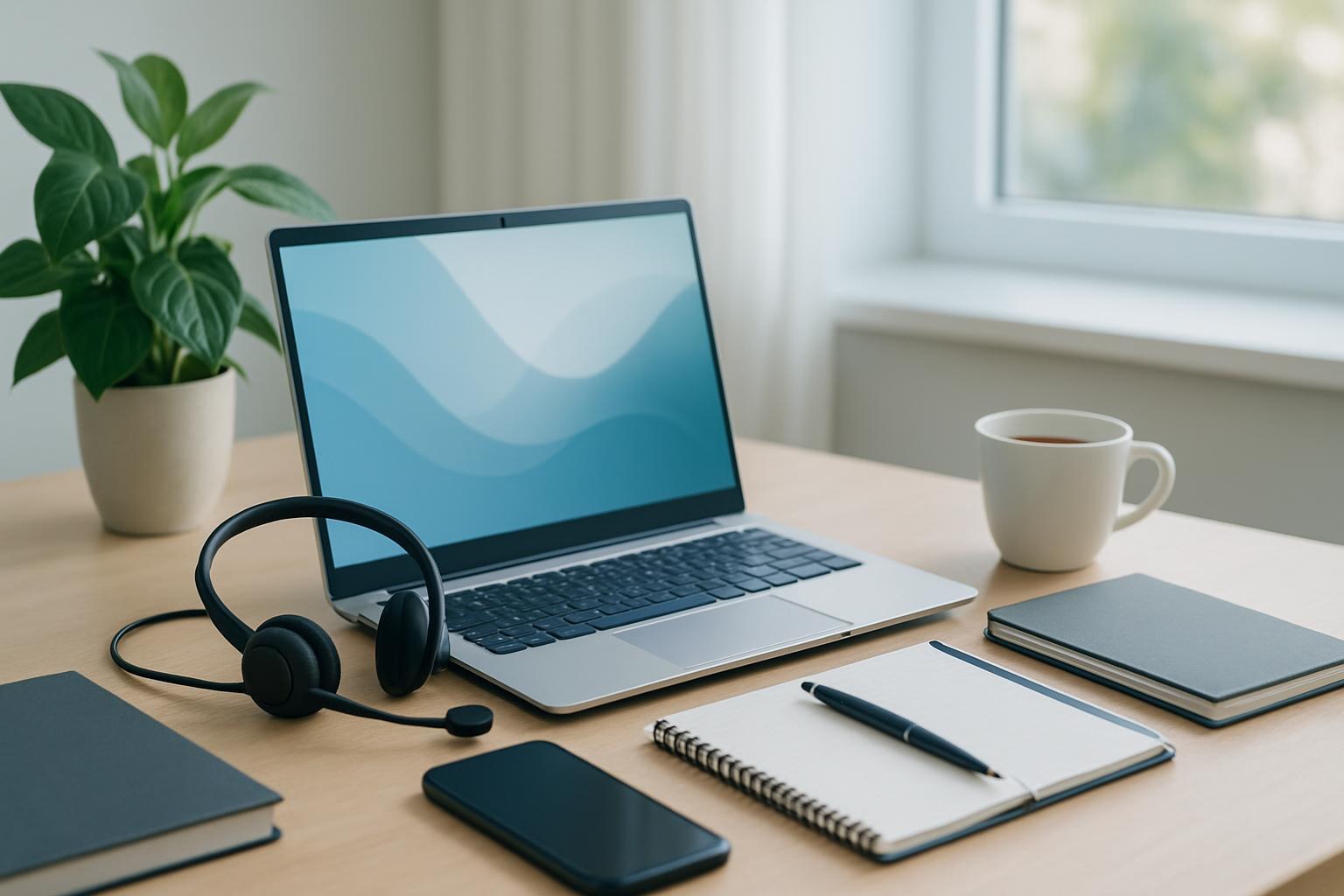 Schreibtisch von oben mit Terminplaner, Headset, Smartphone, Ordner und Notizblock sauber angeordnet
