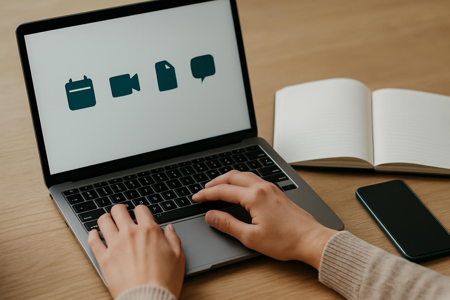 Hände am Laptop, daneben Notizbuch und Smartphone auf einem Holztisch, auf dem Bildschirm abstrakte Symbole