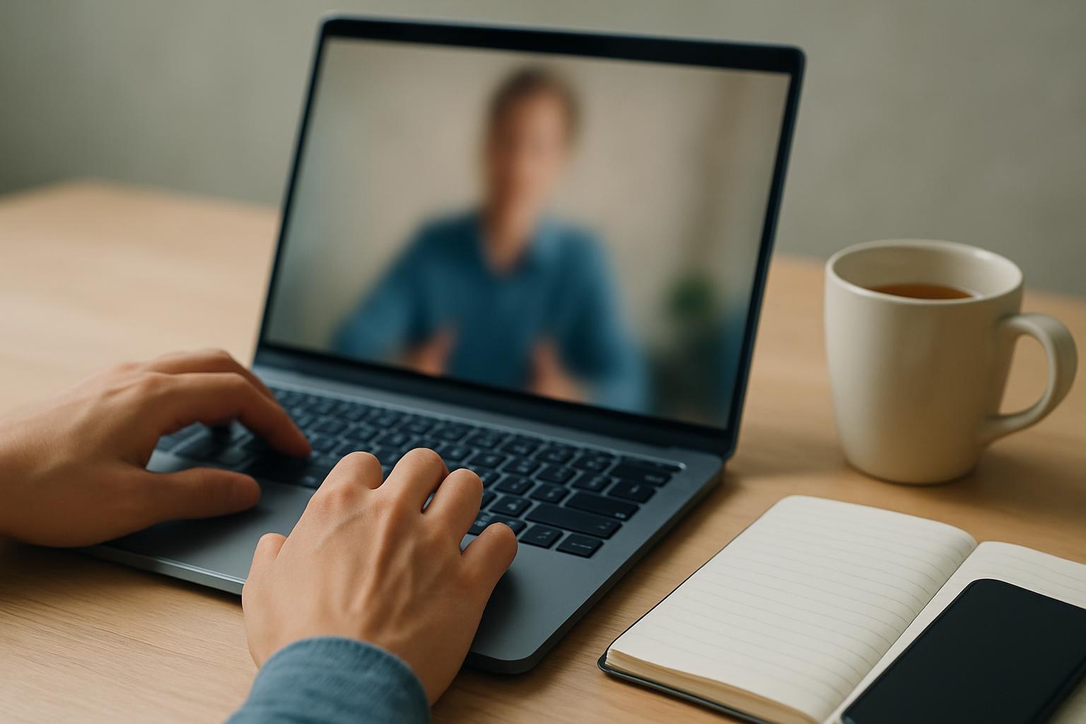 Hände an einem Laptop bei einer Video-Beratung, daneben Notizblock, Tasse und Smartphone