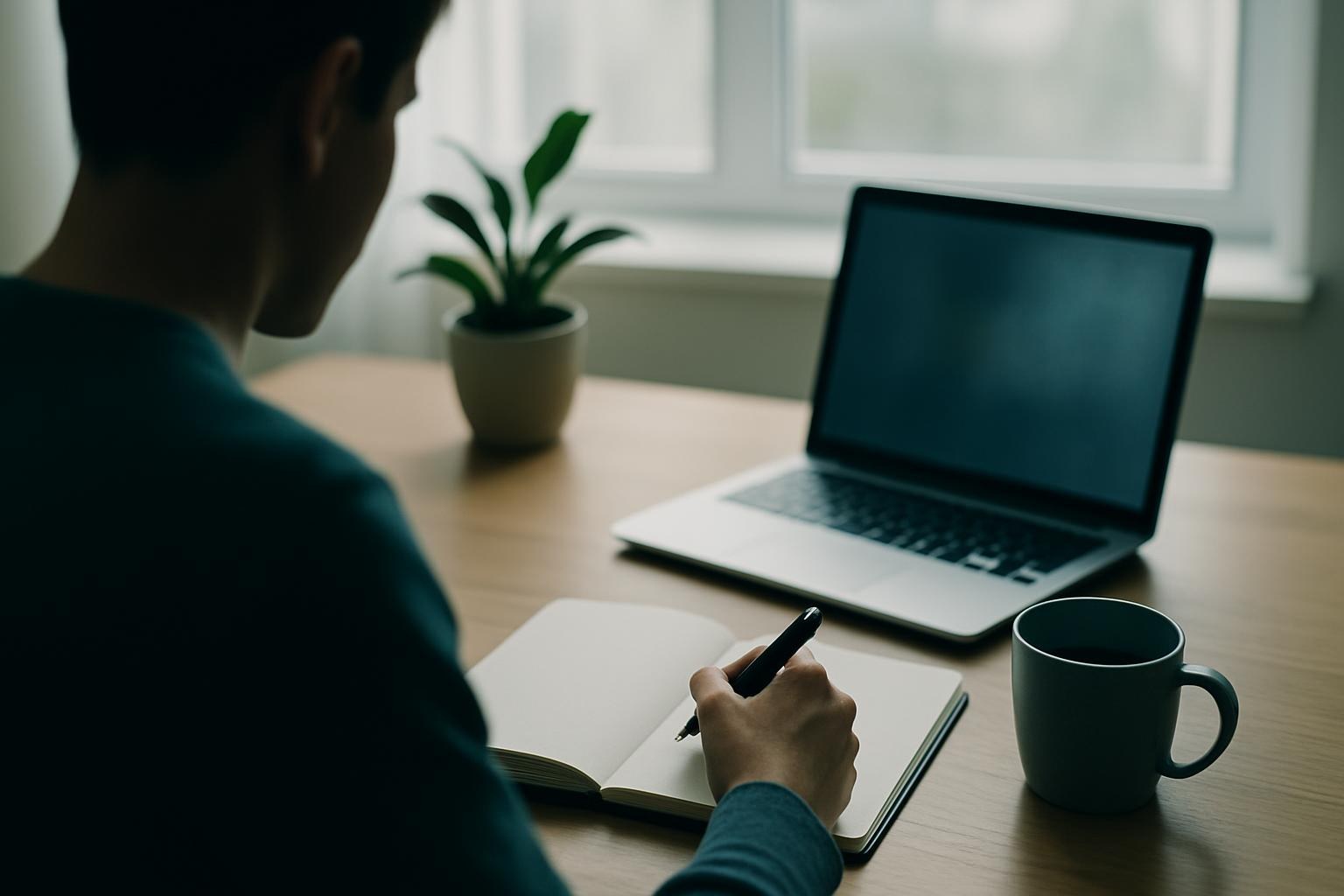 Schreibtisch von oben: Hand mit Stift über leerem Notizbuch, daneben Tasse und Laptop-Rand