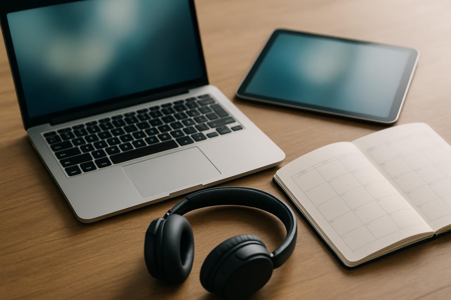 Laptop, Tablet, Kopfhörer und Papierkalender auf einem Holztisch in Nahaufnahme