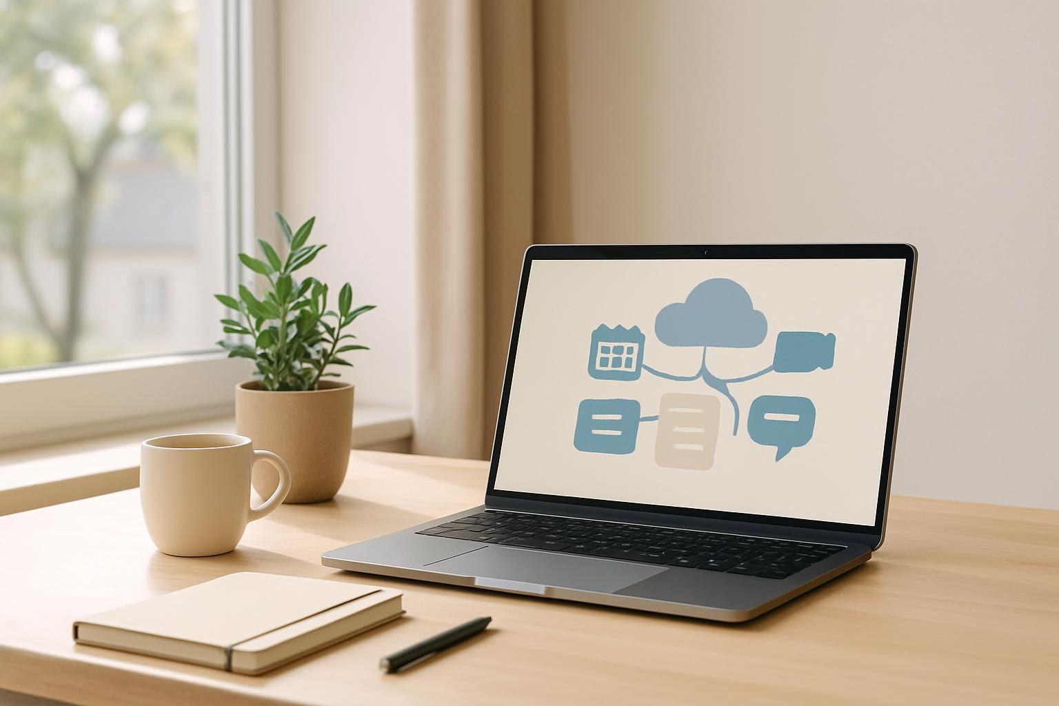 Illustration mit Kalender-, Video-, Dokument- und Chat-Symbol, die mit einer Cloud verbunden sind